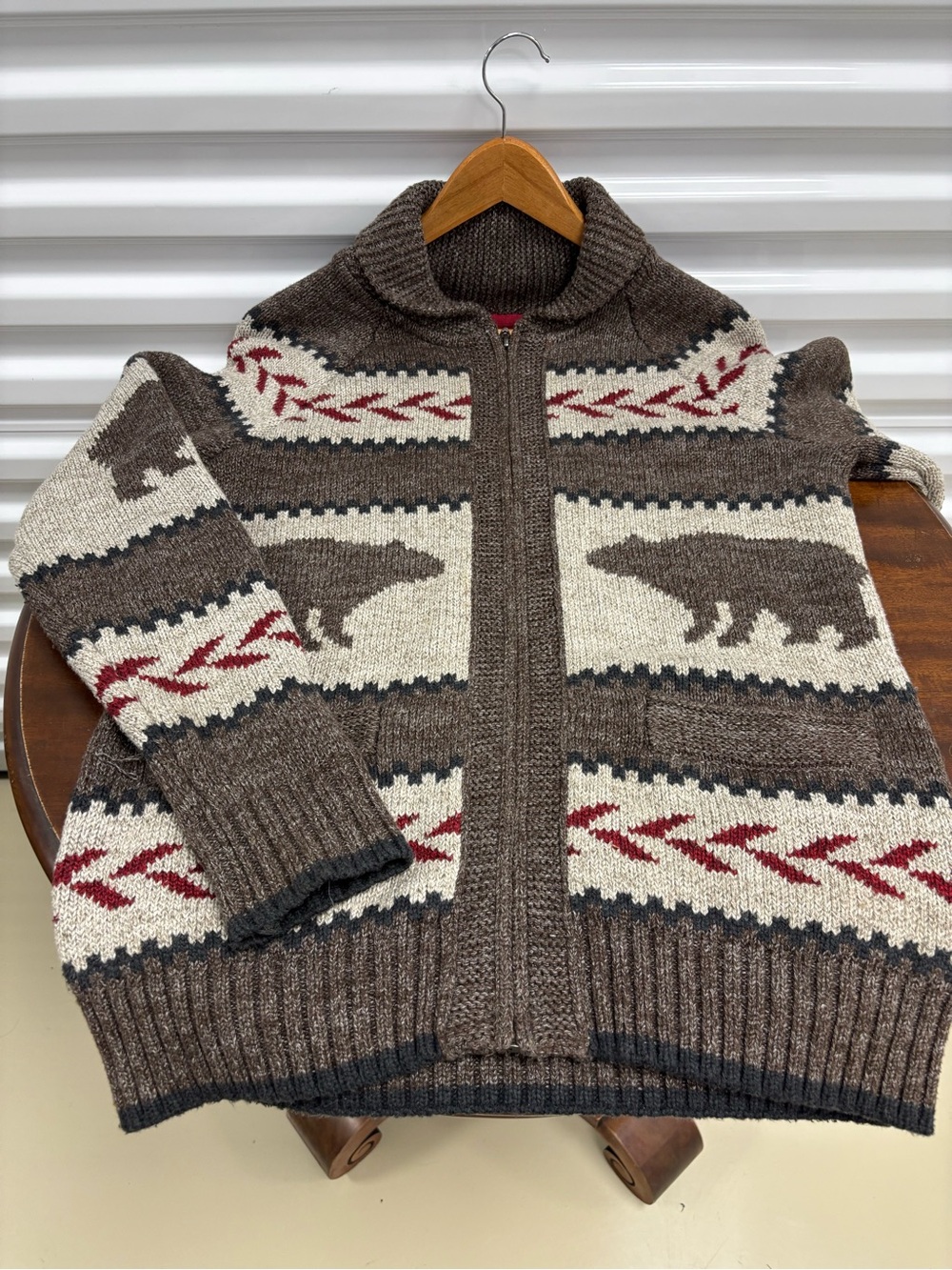 Men's Brown Zip-Up Bear Pattern Sweater